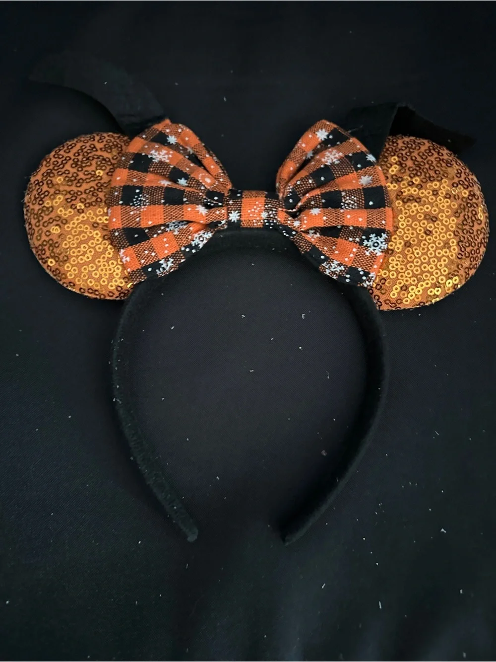 Kids Halloween Orange Sequin Mouse Ear Headband with Plaid Bow